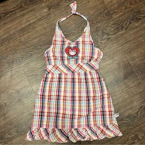 Vintage Y2K Hello Kitty Pink Plaid Halter Neck Embroidered Logo Ruffle Dress S